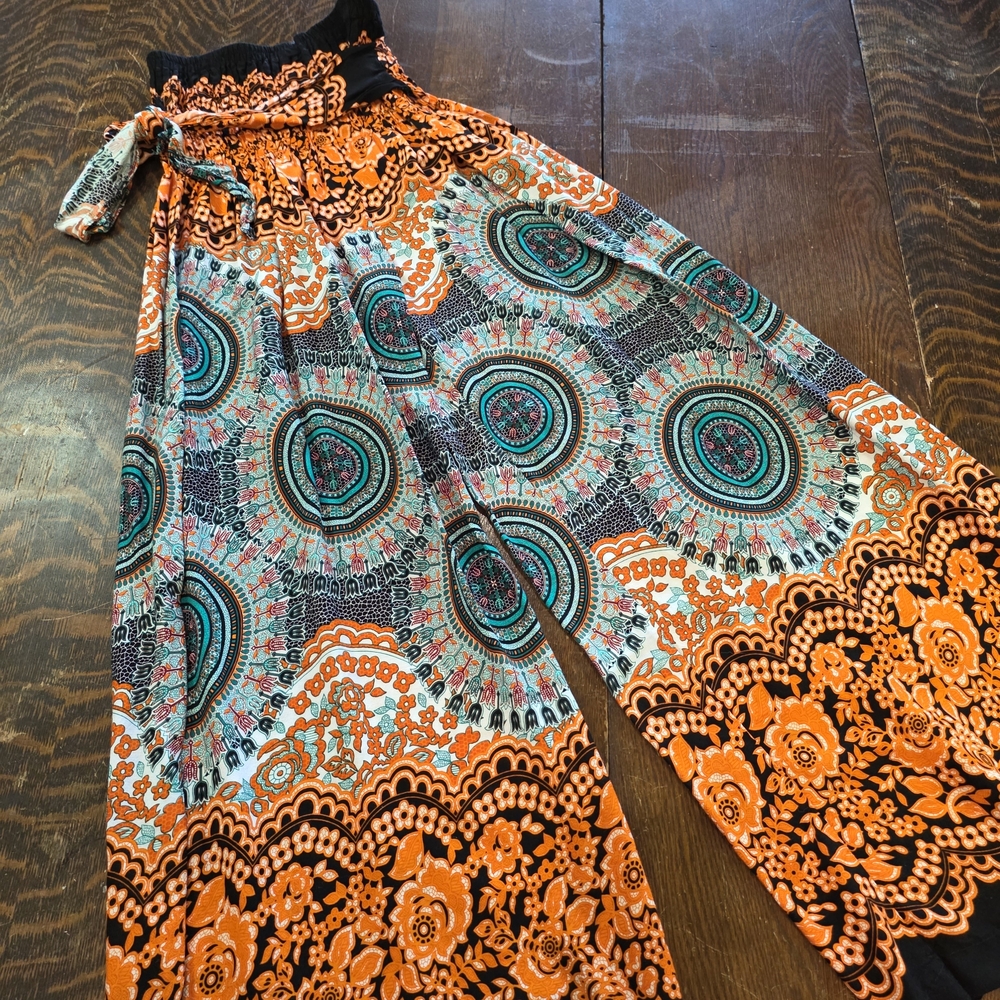India Boutique Boho Mandala Wide Leg Palazzo Pants - Orange & Teal - XS